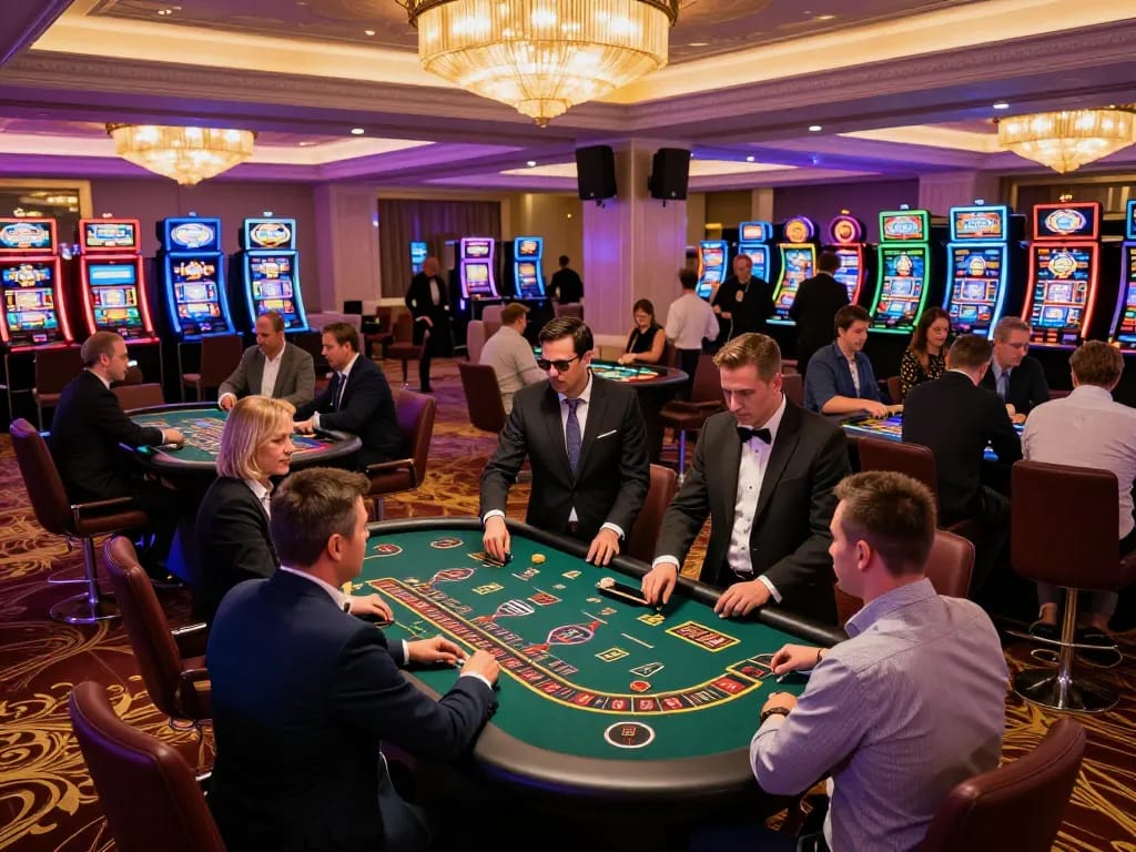 Players enjoying a thrilling game at HM88 Casino, surrounded by vibrant slot machines and elegant decor