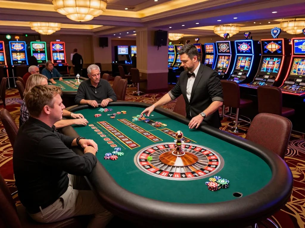 MM88 roulette table with players excitedly placing bets and watching the spinning wheel.