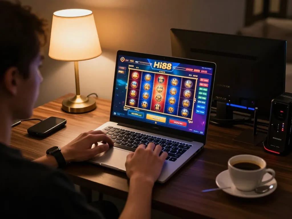 Engaging in an online Hi88 casino game with a vibrant slot interface on a cozy desk setup