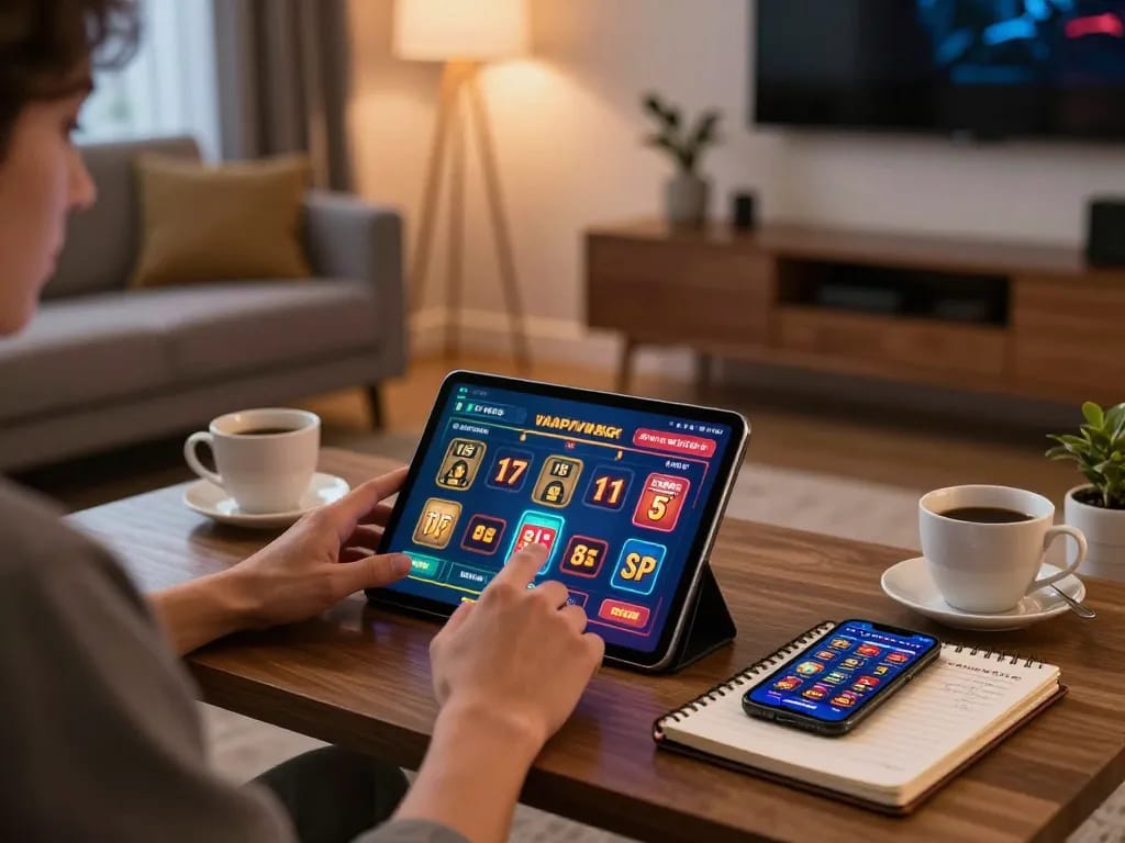 Engaged player using casinosscope app on tablet for strategic online gaming session