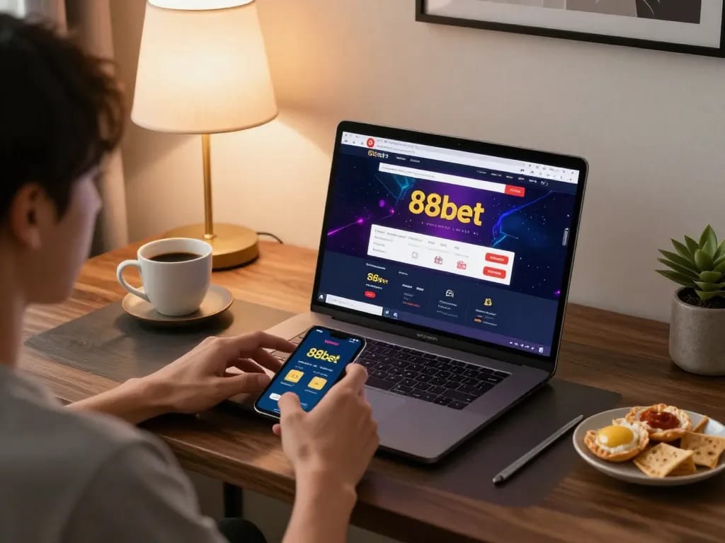 Engaging with 88bet online gaming on laptop within a cozy home environment, highlighting user-friendly navigation.