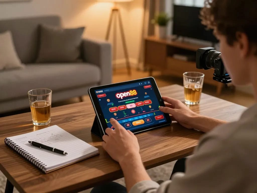 Player enjoying a tablet game on open88 at home, illustrating modern online gambling.