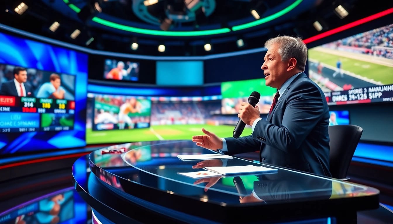 Sports Broadcasting anchor delivering passionate news in a modern studio with vibrant screens.