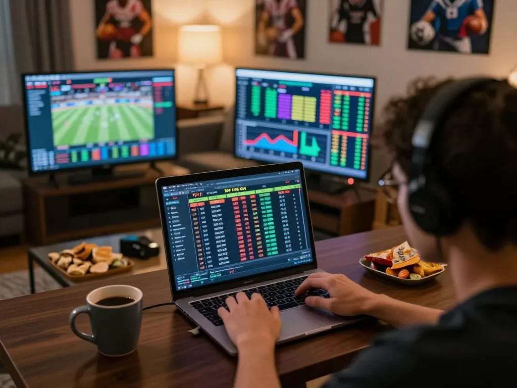 Tỷ Lệ Bóng Đá displayed on laptop during a focused sports betting session, illustrating strategic analysis.