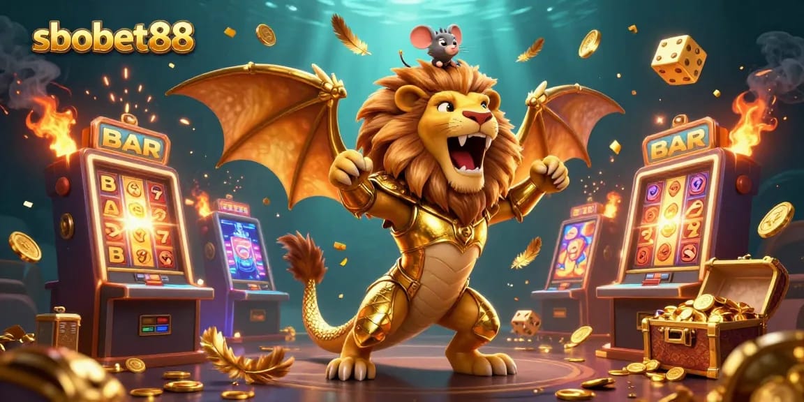 Engage in thrilling gameplay with sbobet88, featuring a golden chimera and jackpot slots.