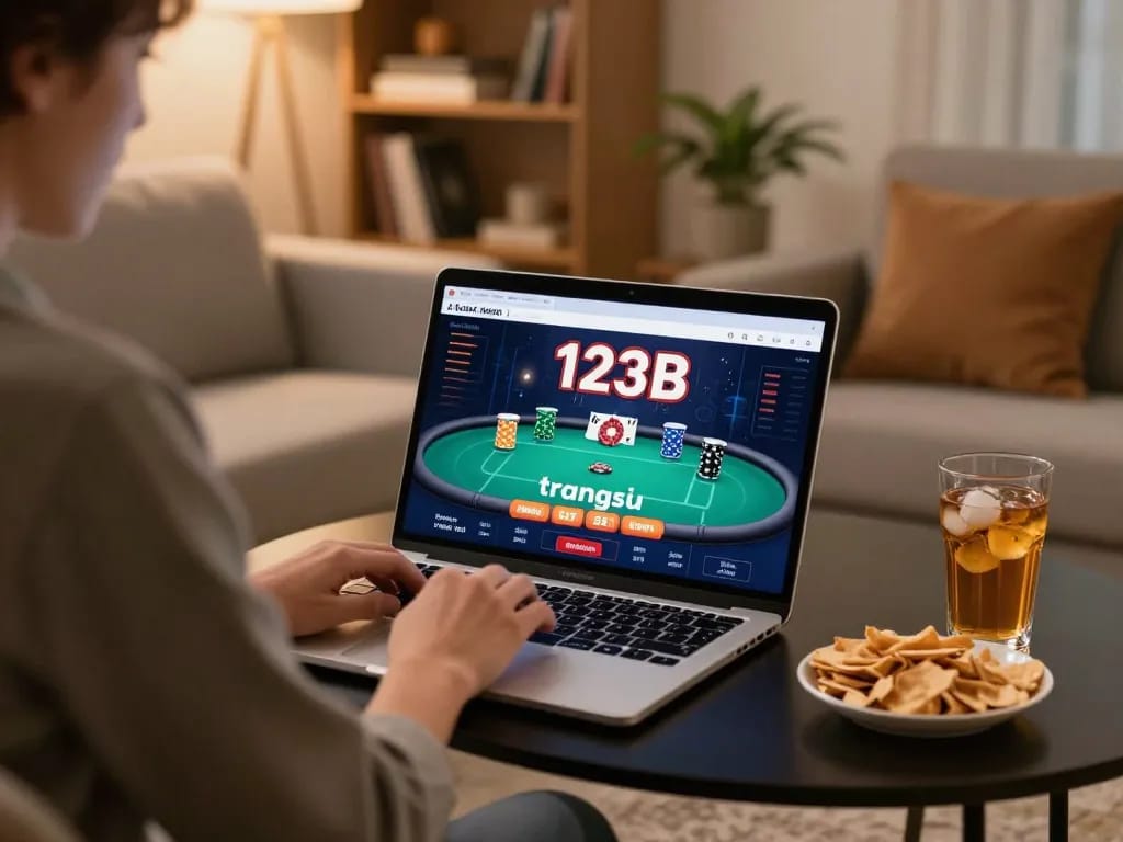 Engaging online gaming scene showcasing 123B trang chủ with a focused player enjoying poker at home.