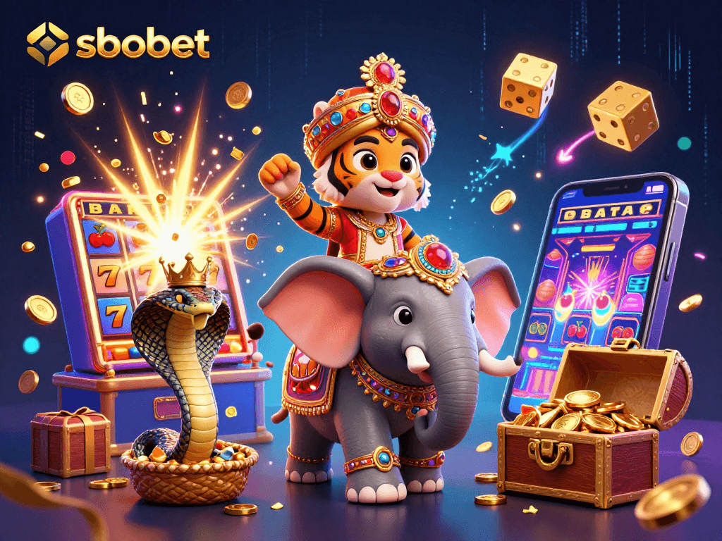 Experience the excitement of sbobet sports betting with a vibrant illustrated scene featuring a maharaja tiger and slot machine.