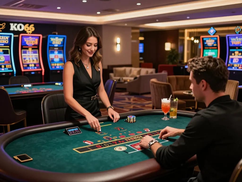 Immersive KO66 online casino scene showcasing live dealer blackjack, luxurious atmosphere, and vibrant gaming environment.