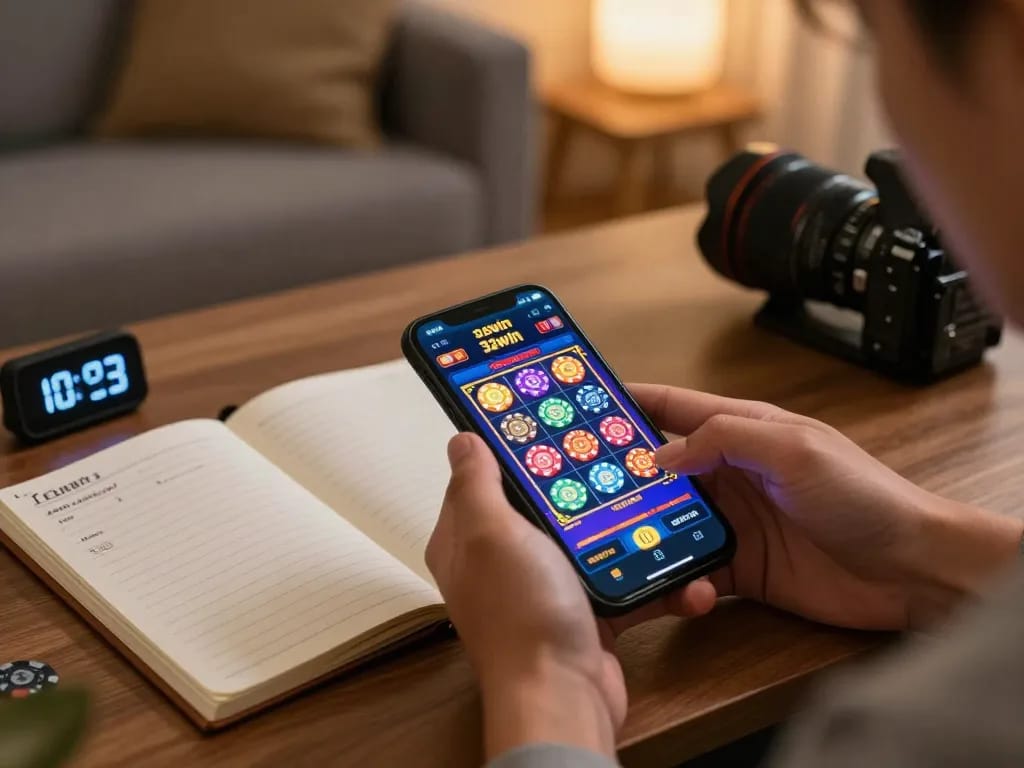 Playing 32win slots on a mobile app, showcasing vibrant gaming graphics in a cozy home setting.