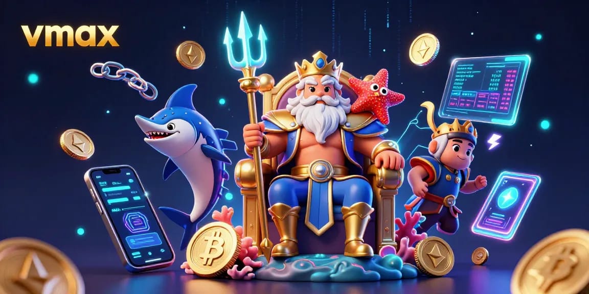 Engage with vmax in a vibrant underwater casino world featuring Neptune and crypto elements.
