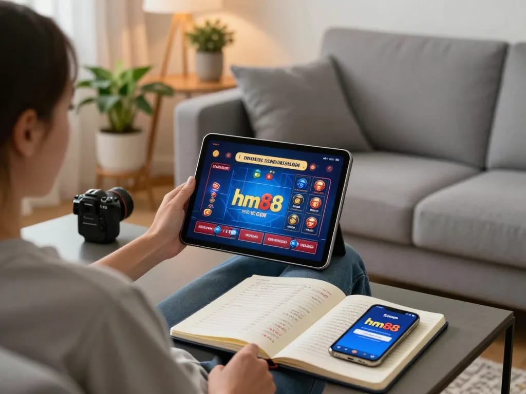 Enjoying online gaming on hm88 com, cozy home setup captures strategic betting with a casual touch.