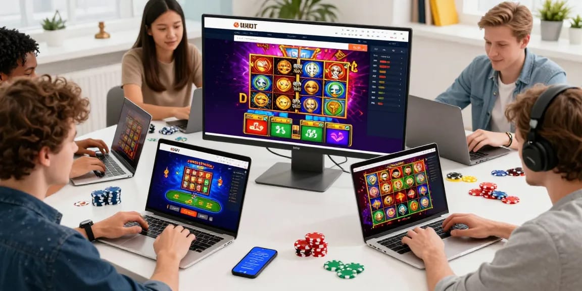 Engaging players immersed in 68gamebai's online casino experience, showcasing vibrant graphics and digital interactions.