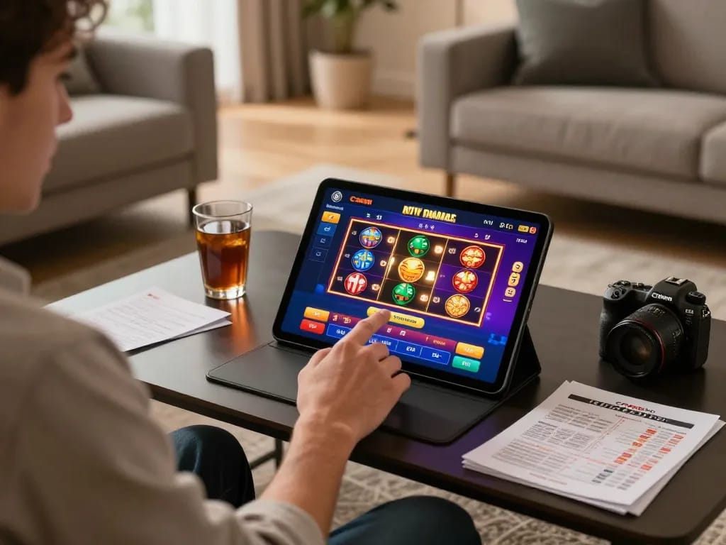 Player interacting with the god55 casino app on a tablet, showcasing vibrant slot games.