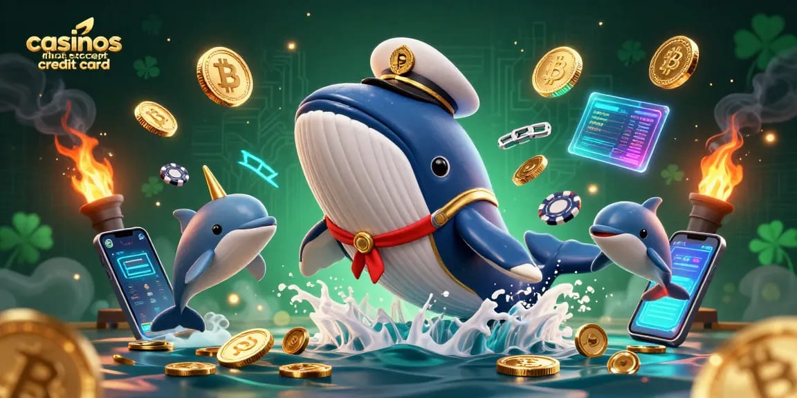 Discover the fun at casinos that accept credit card, featuring a whale breaching in coins with playful dolphins and crypto elements.