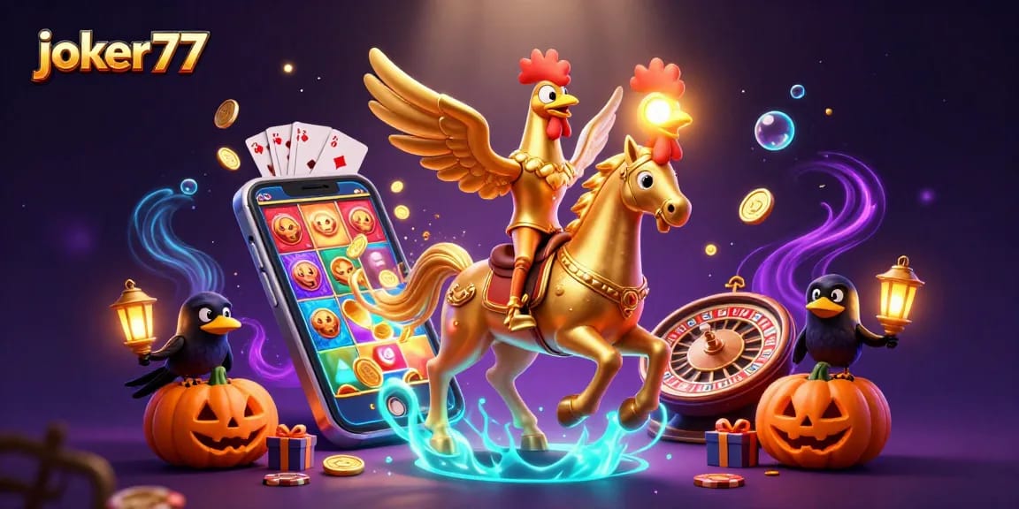 Experience thrilling gameplay with joker77 featuring a golden rooster riding in a lively casino scene.