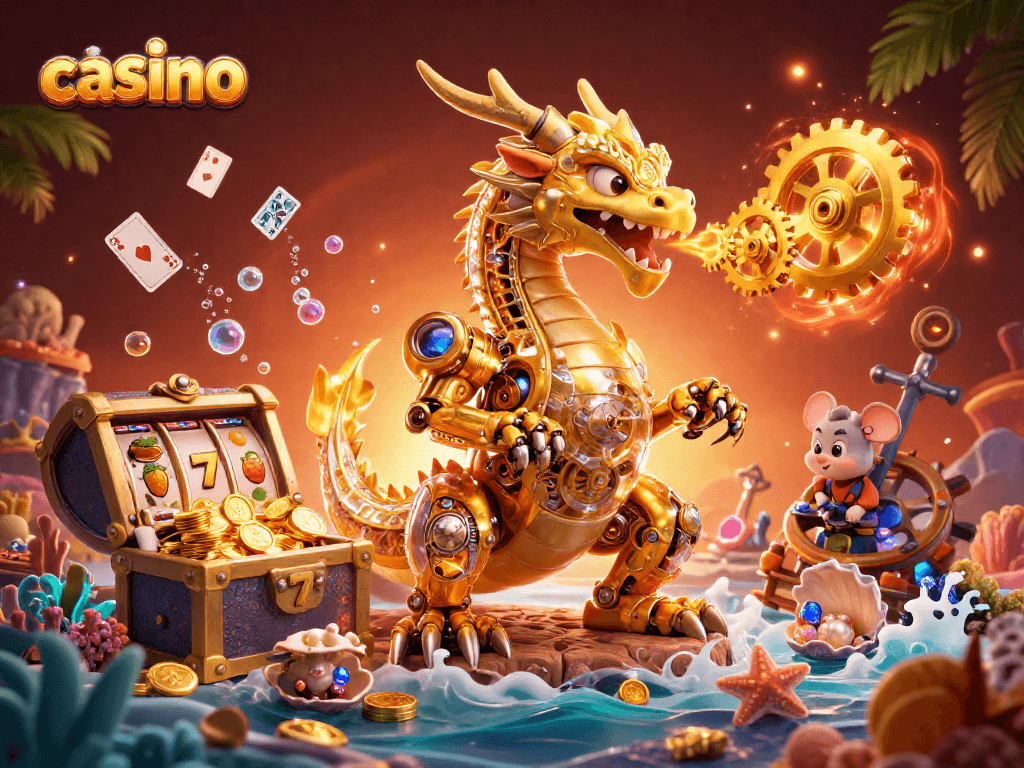 Engaging scene of a casino with a dragon and treasure, showcasing vibrant gaming elements.