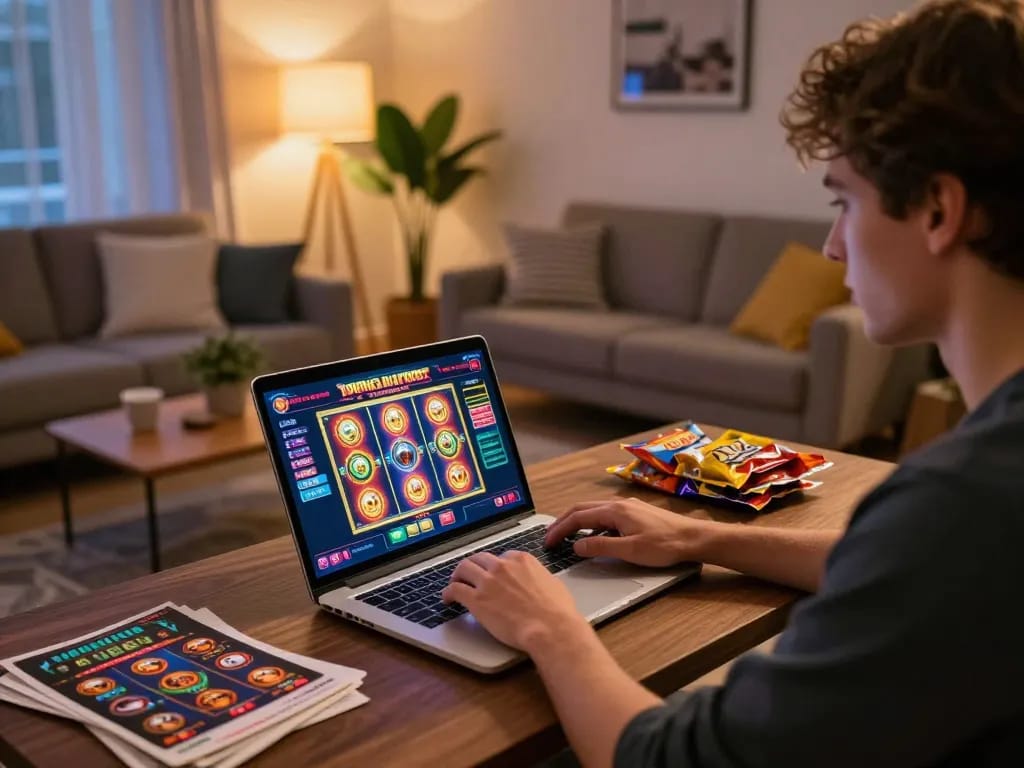 Enjoying immersive online gaming at hubet, player engaged with laptop displaying vibrant slot games.