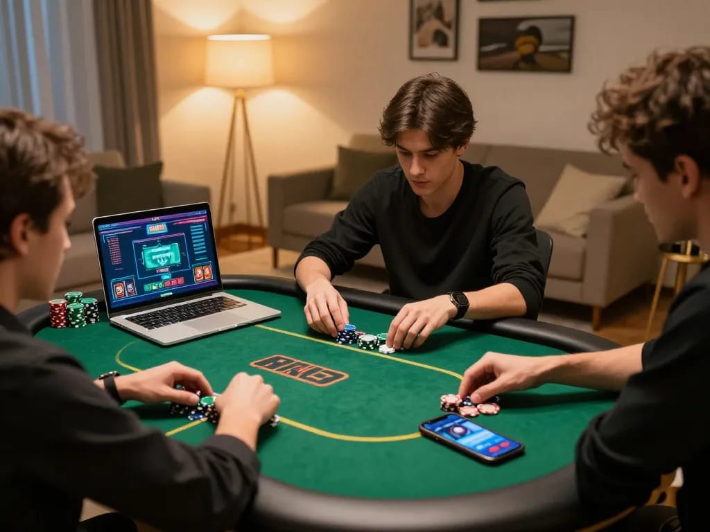 Hello88 online gaming setup shows a player engaged in poker, with chips and device nearby.