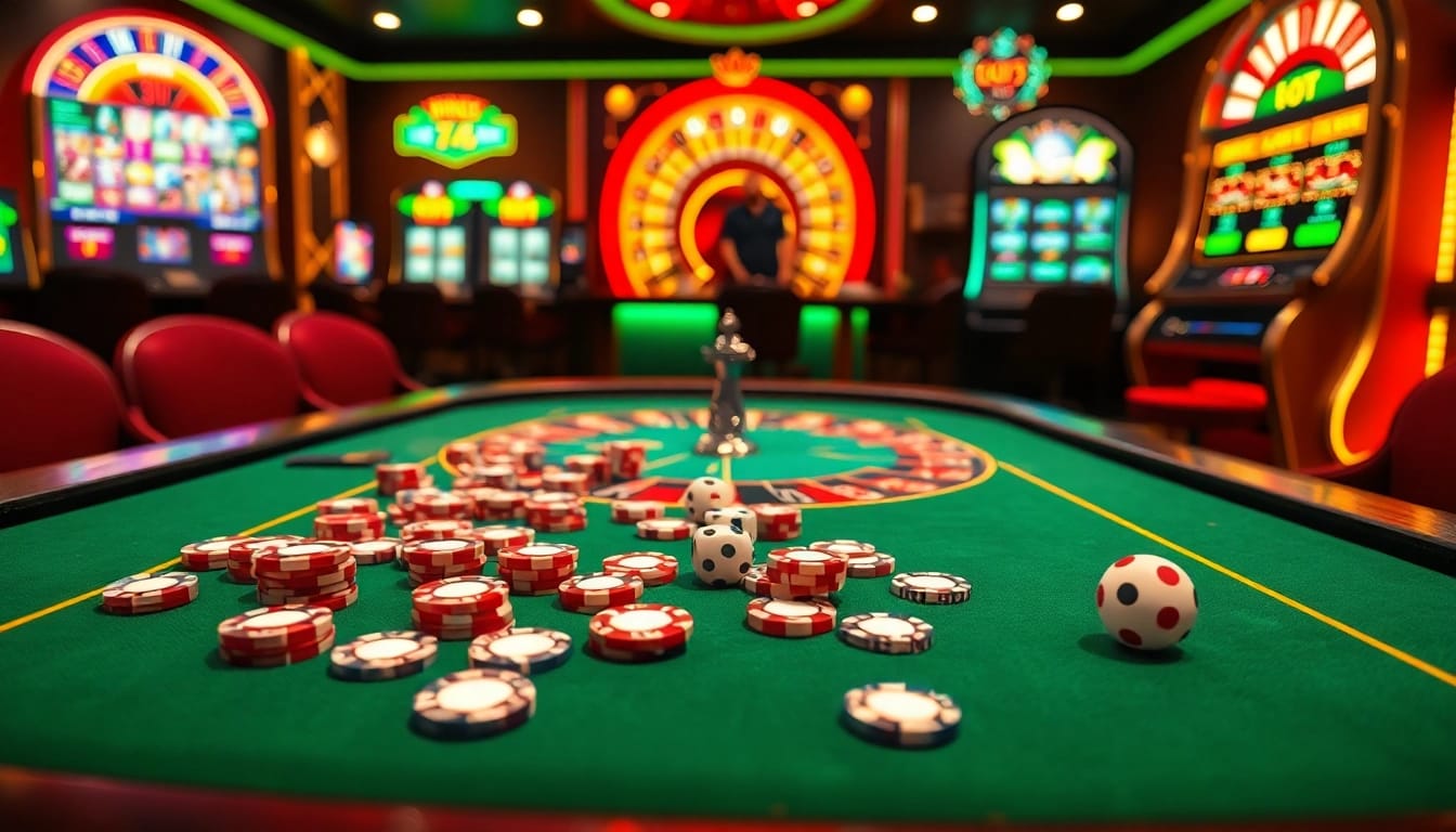 Experience the thrill of gambling with fun79 at a vibrant casino table filled with poker chips and slot machines.