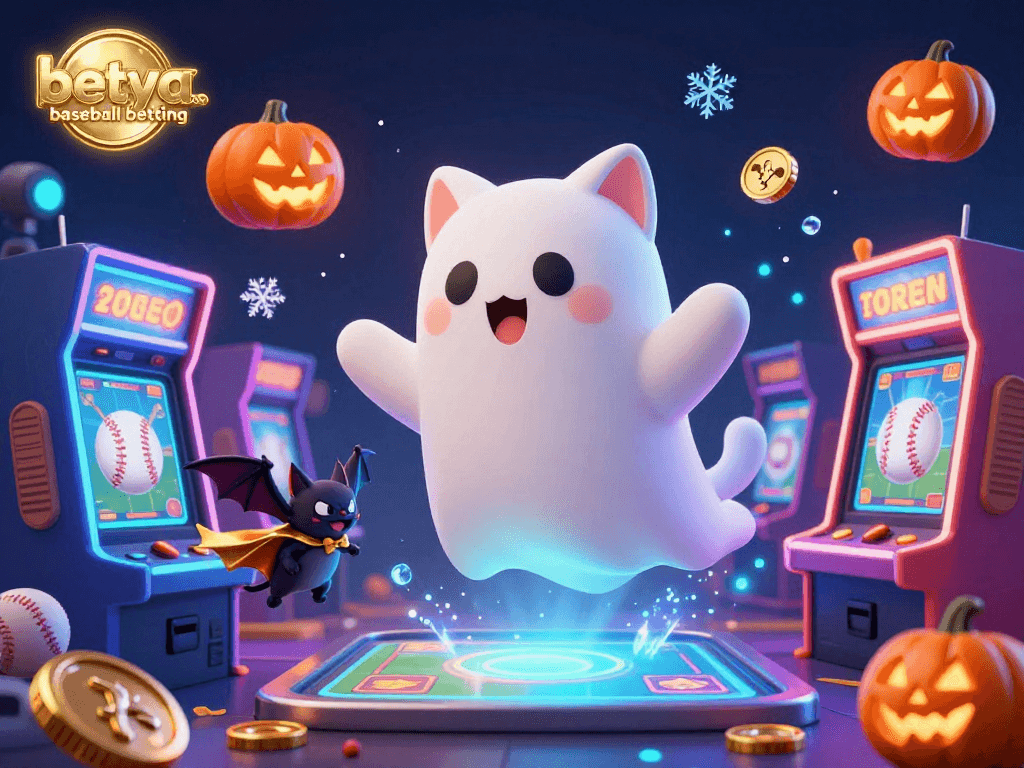 Engage in betya.com baseball betting with a whimsical scene featuring ghostly characters and arcade games.