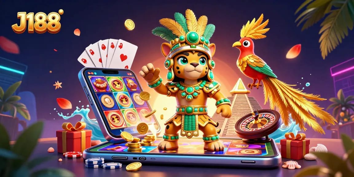 Experience the excitement of J188 with vibrant slot games and captivating casino elements in a rich, dynamic scene.