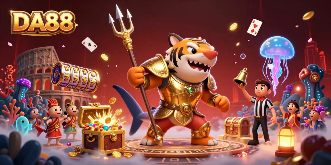 DA88 scene depicting a gladiator shark amidst slot game elements and treasure, engaging gamblers.