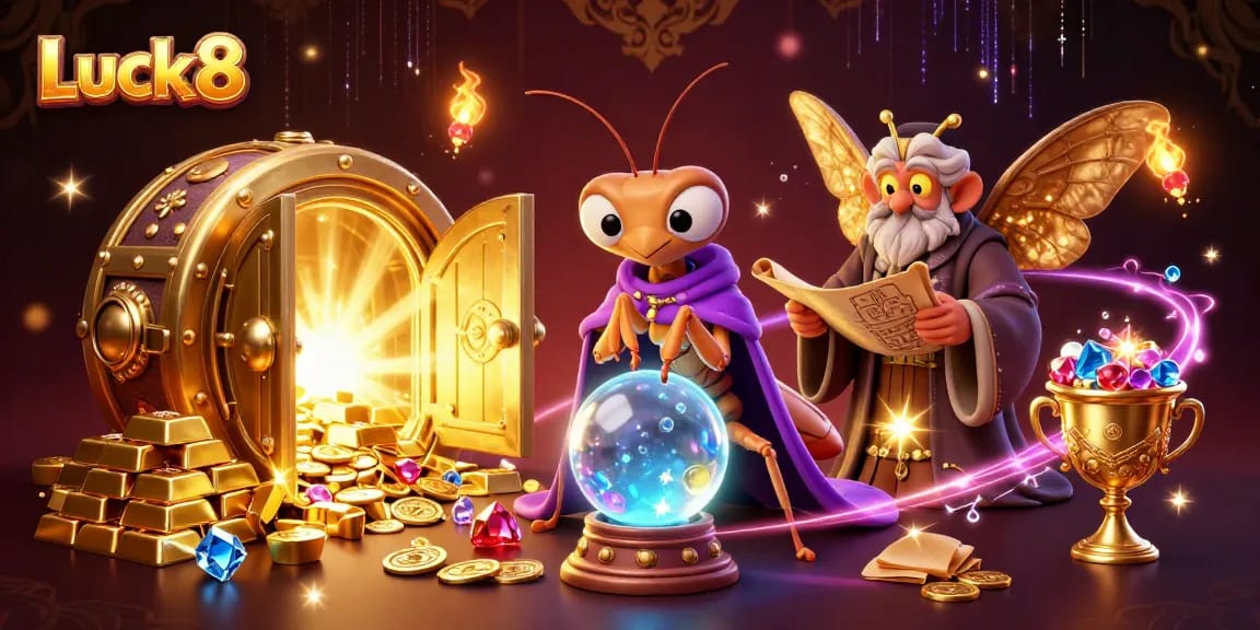 Engage with Luck8's vibrant casino experience through a mystical scene of fortune telling and treasures.