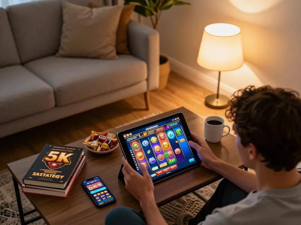 Engaged player enjoying a slot 5k game on a tablet in a cozy home environment with strategic elements.
