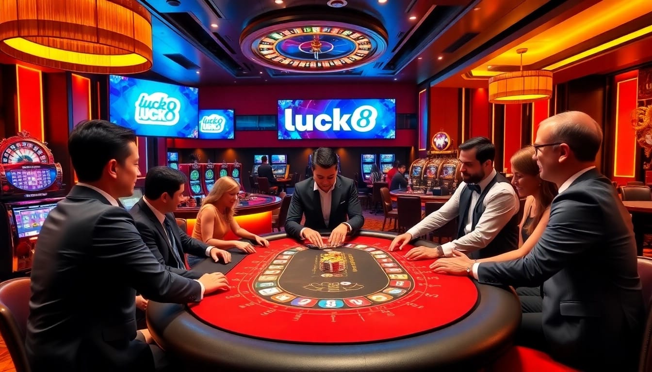 Players celebrate wins at the luck8 casino, showcasing excitement with colorful slot machines and poker chips.