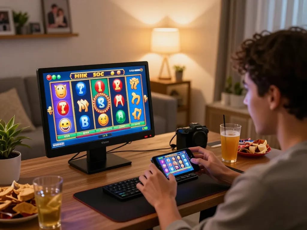 Engaging gameplay on mposport as a player spins slots on a smartphone in a cozy living room.