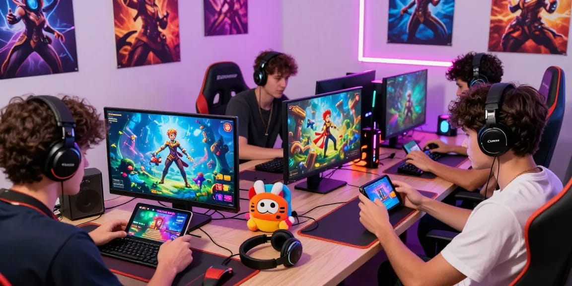 Engaged players enjoying free mobile porn games on tablets and smartphones in a vibrant gaming room.