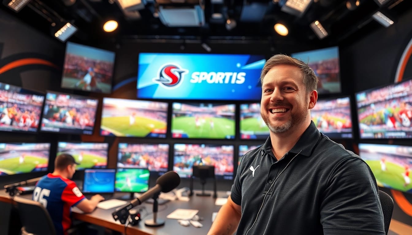 Dynamic sports broadcasting scene featuring a commentator and multiple screens showcasing live sports broadcasting.