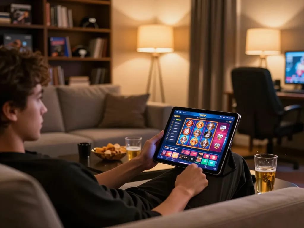 Player enjoying king33 slots on tablet in a cozy home gaming setup with ambient lighting