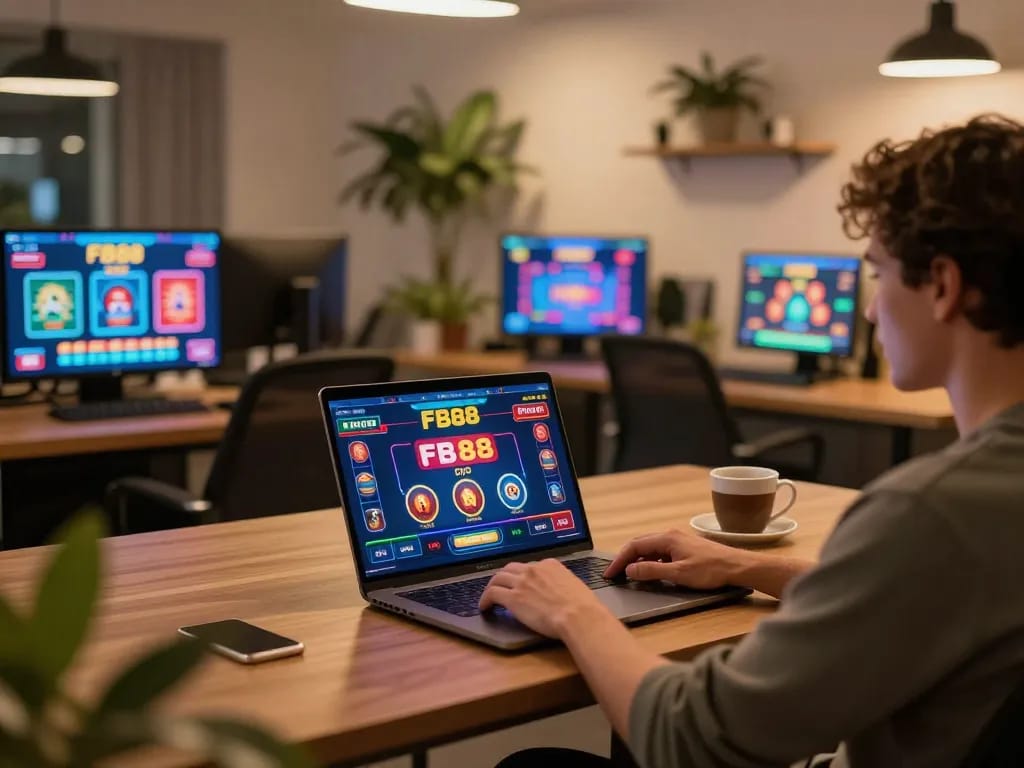 Engaged player enjoying FB88 casino games on multiple screens in a modern gaming setup.