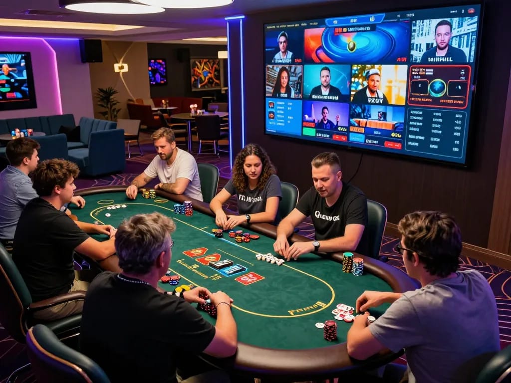 Players engaging in high-stakes poker gameplay at an online casino featuring W69 gaming avatars and dynamic interfaces