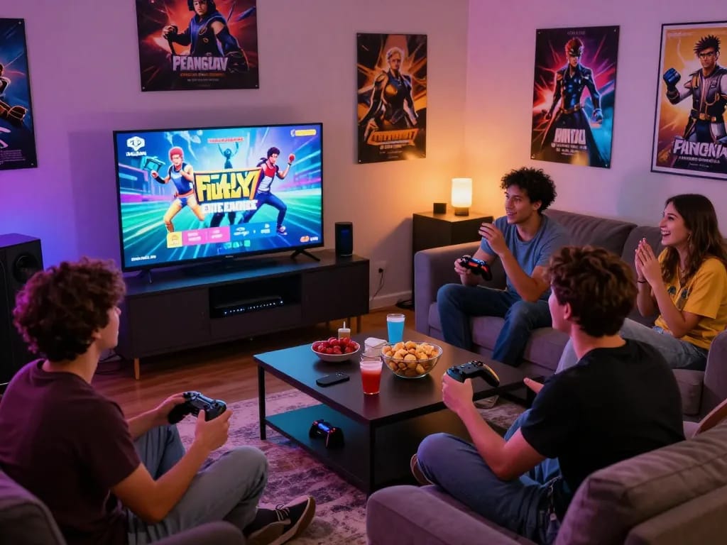 Playful friends enjoying a porngame in a cozy living room setting with engaging gaming atmosphere.