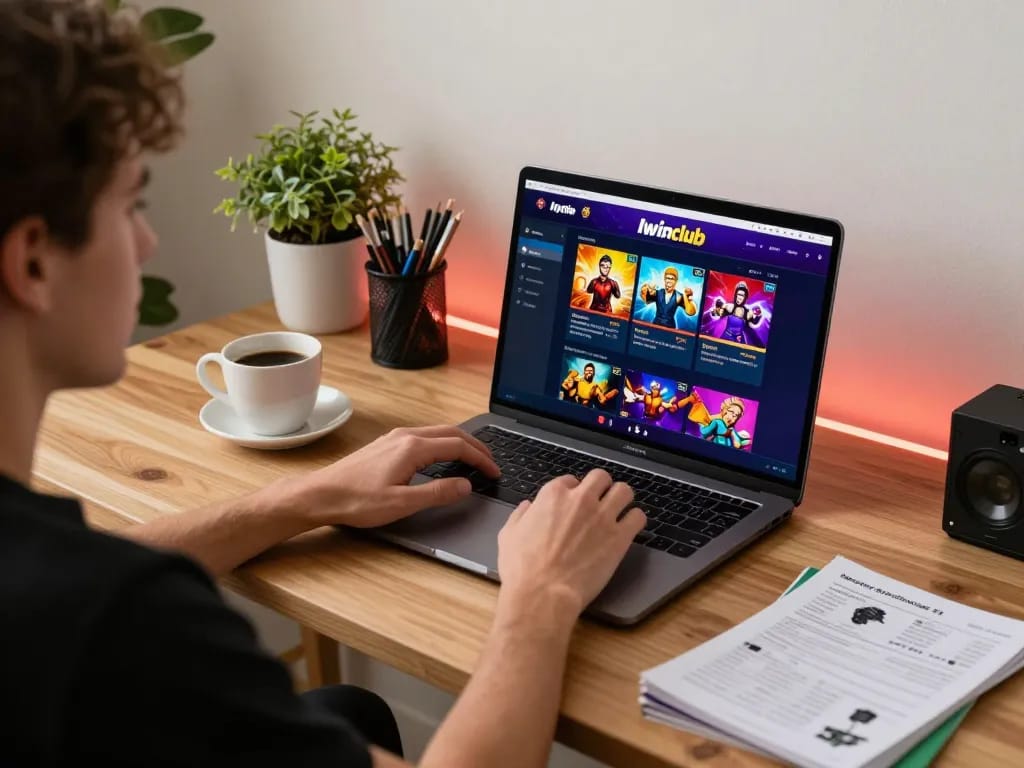 Engaged player exploring Iwinclub casino games on a stylish laptop at home, showcasing a relaxed gaming atmosphere