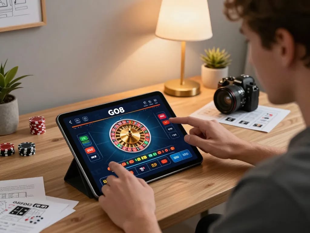 Player engaging with the GO8 app to enjoy an exciting roulette game from a cozy home office.