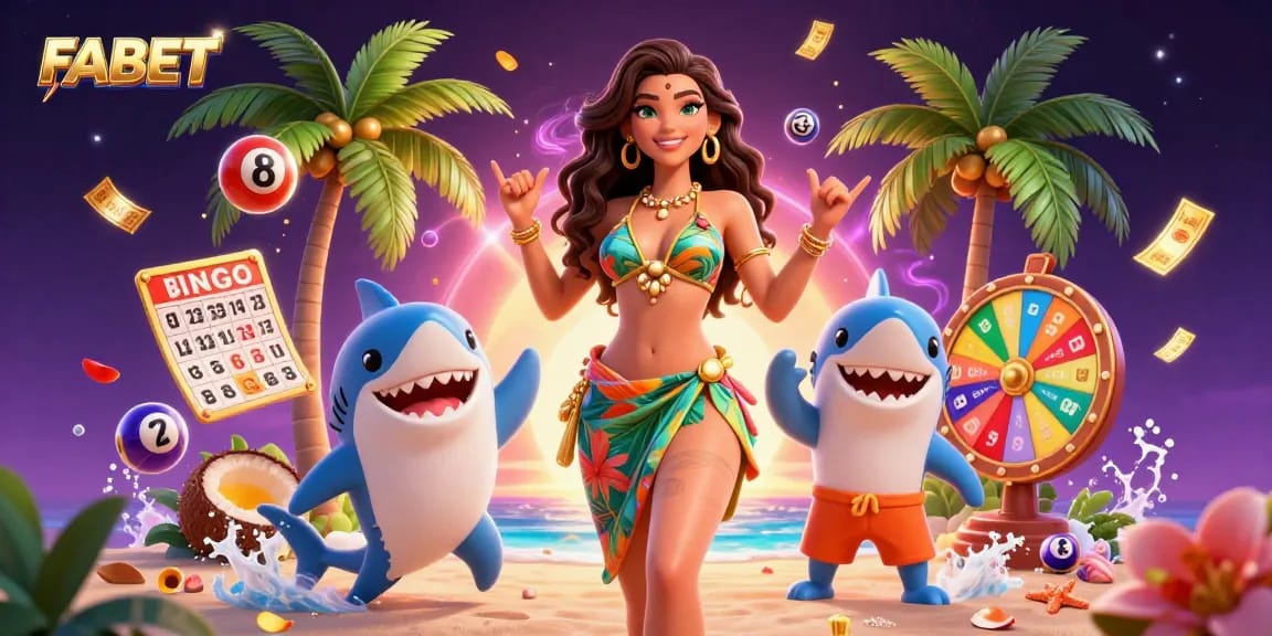 Join the excitement of FABET with vibrant lottery balls and a lively beach scene filled with winnings.