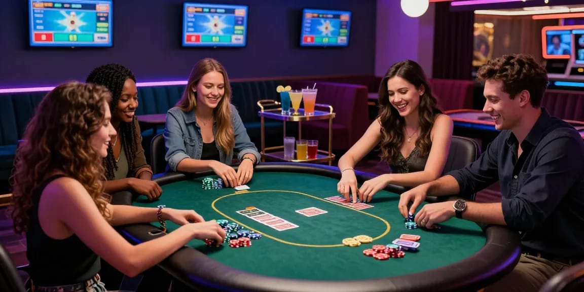 Friends having fun at the IWIN gaming lounge during a poker night