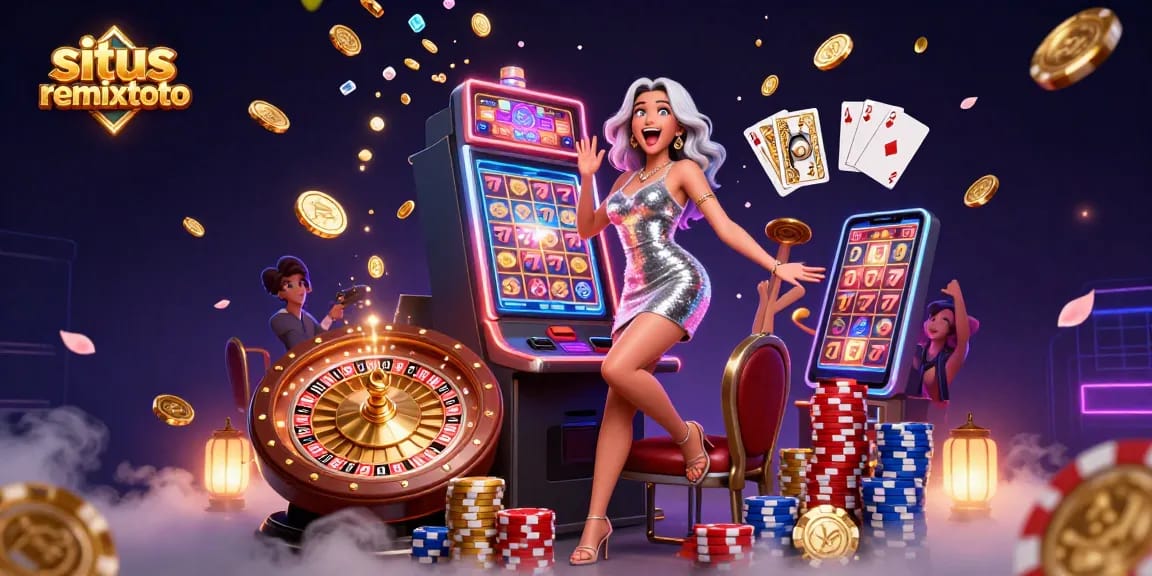 Win big with situs remixtoto as a woman celebrates a jackpot win at a vibrant casino scene.