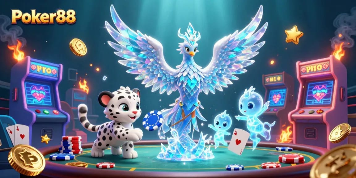 Experience thrilling plays at Poker88 with a vibrant 3D illustration of poker elements and enchanting characters.