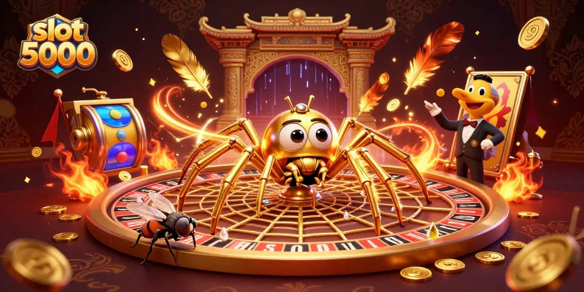 Engage with slot 5000 reels as a golden spider crafts a roulette wheel web in this vibrant scene.