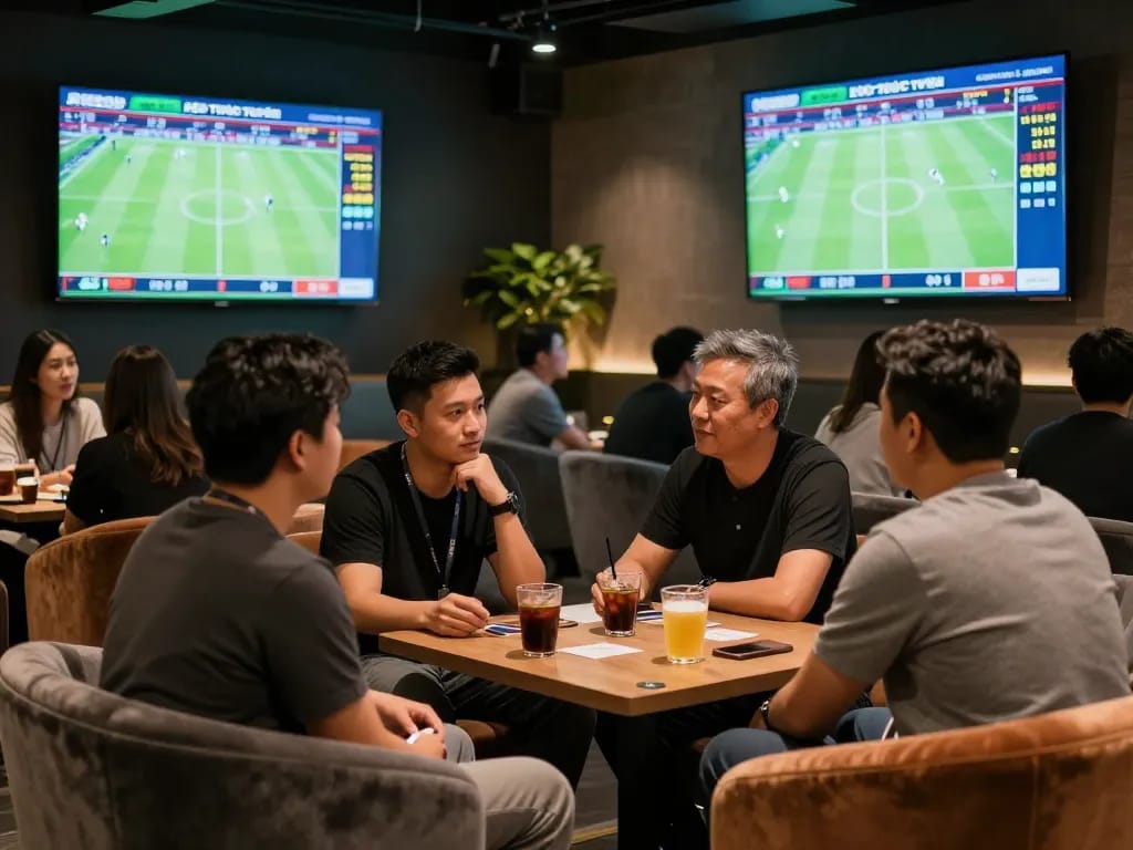 KÈO TRỰC TUYẾN betting scene featuring patrons discussing sports odds in a cozy lounge.
