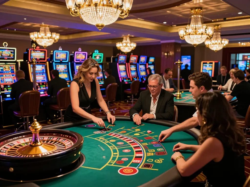 Players placing bets at roulette tables in a vibrant casino scene, showcasing TT88 gaming strategy
