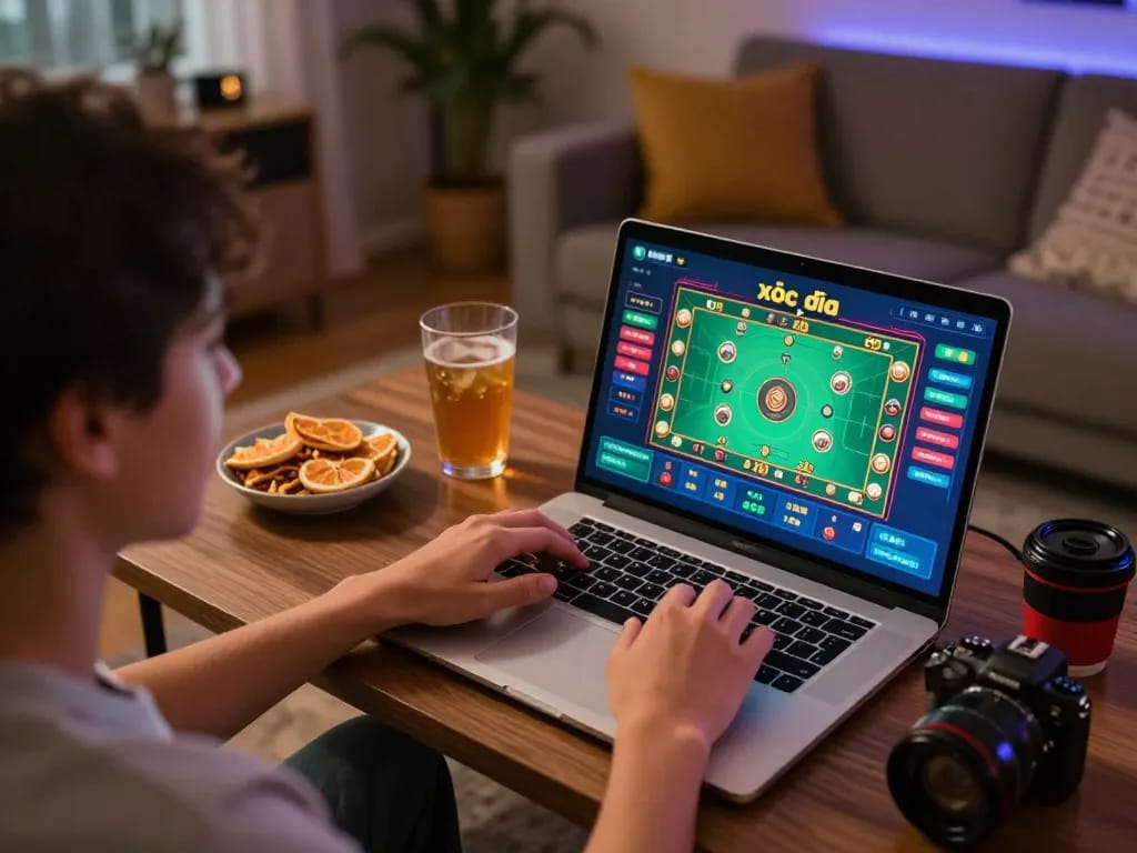 xóc đĩa online gameplay in a cozy home environment featuring a laptop and engaging interface