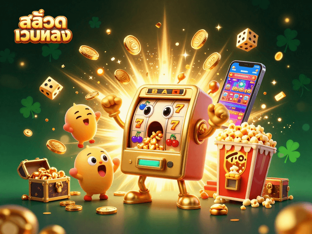 Experience thrilling สล็อตเว็บตรง action as a golden slot machine hits the jackpot amidst cheering companions.