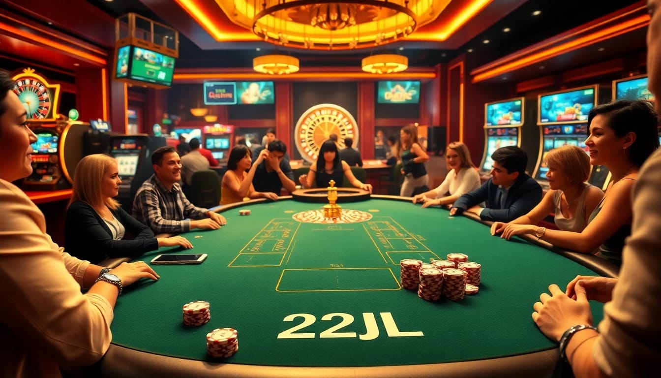 Experience the thrill of 22JL poker with vibrant casino scenes featuring high-quality chips and slot machines.