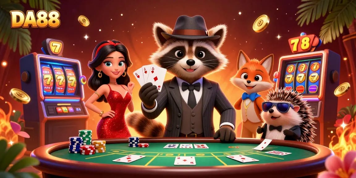 Experience thrilling gameplay with DA88 as a suave raccoon, stunning fox lady, and cool hedgehog entertain players amidst rich casino visuals.