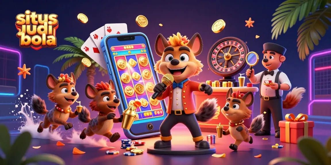 Engage in fun with a comedy casino scene featuring hyenas in a vibrant environment, promoting situs judi bola.